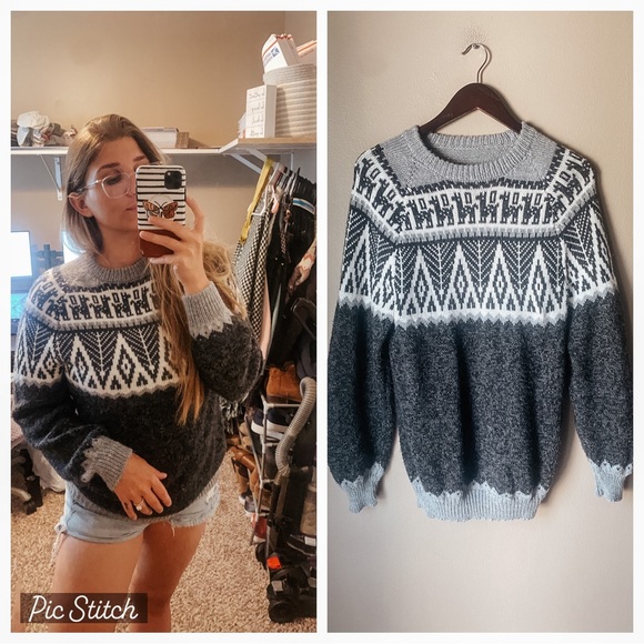 Vintage Sweaters - Unisex Handmade Vintage Nordic Alpaca Knit Fair Isle Crewneck Sweater